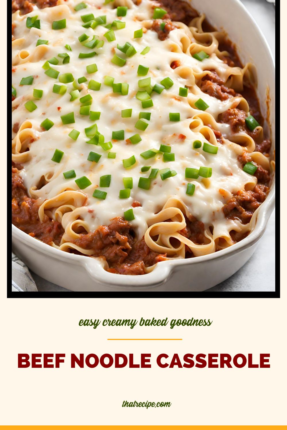 top down view of beef noodle casserole in a backing dish