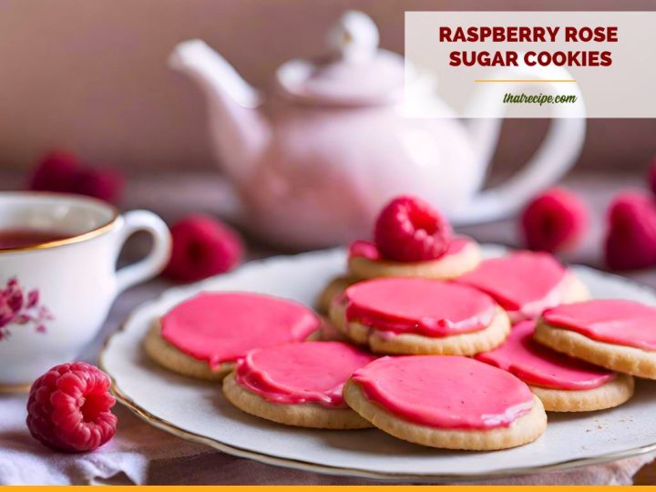 pink iced cookies on a plate with text overlay "raspberry rose sugar cookies"
